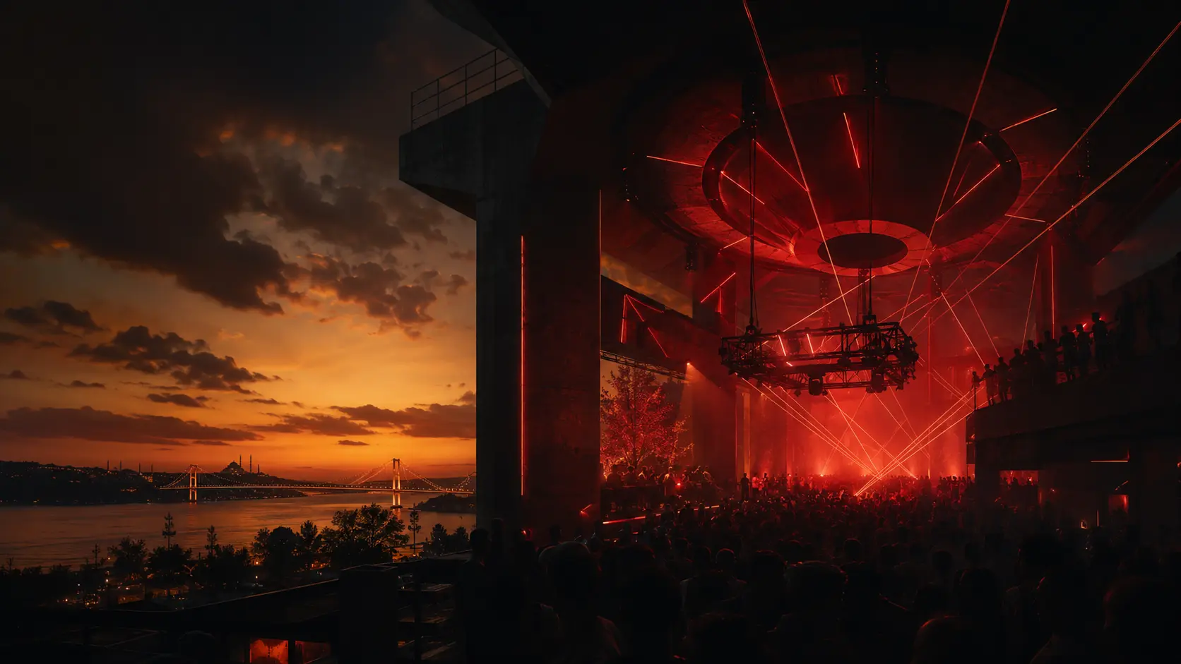 Cinematic electronic music venue overlooking Istanbul
